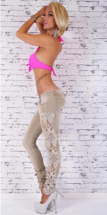 F8907 Sexy Women  s Denim Beige Skinny Jeans Crochet Lace Party Jeans